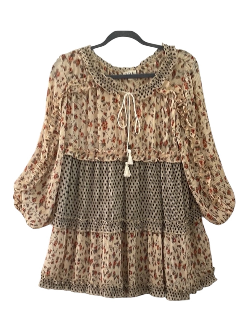 POL 3 Tiered Contrast Print Tie Neck Bohemian Dress S EUC